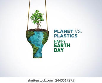 Planet vs. Plastics , Earth day 2024 concept 3d tree background. Ecology concept. Design with globe map drawing and leaves isolated on white background.  - Powered by Shutterstock