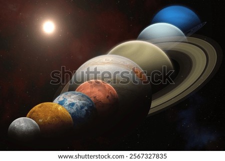 A planetary alignment, or a planet parade see eight planets - Mercury, Venus, Earth, Mars, Jupiter, Saturn, Uranus and Neptune.  Solar System planets. Elements of this image furnished by NASA.