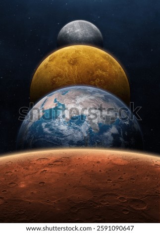 Planetary alignment. Solar system planets: Mars, Earth, Venus, Mercury. Beautiful sci-fi wallpaper. Elements of this image furnished by NASA. 