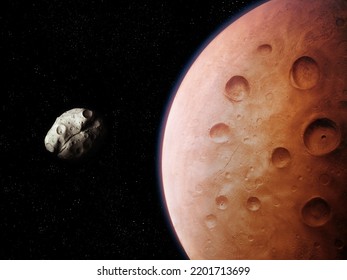 Planetary Moon, Satellite Of The Red Planet Covered With Craters. Asteroid That Will Fall To The Surface Of Mars. Elements Of The Solar System.