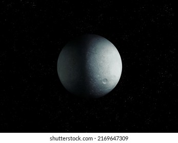 Planetary Satellite Covered With Craters. Stone Moon With A Solid Surface On A Black Background With Stars. 