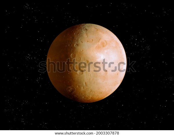 planetary\
satellite with craters on the surface, rocky moon in the solar\
system, dwarf planet in space with\
stars.