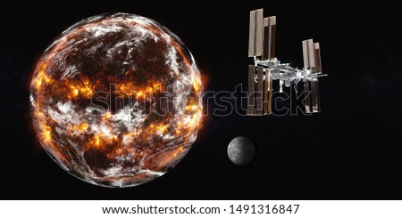 Planetary station satelite near Planet Earth explosion in the outer space. Humanity end. Planetary death concept. Science fiction. Elements of this image were furnished by NASA.