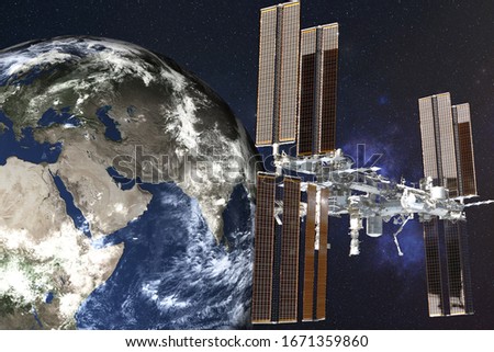 Planetary station satelite near Planet Earth of Solar system in outer space. Planetary concept. Science fiction. Elements of this image were furnished by NASA.