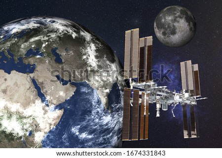 Planetary station satelite near Planet Earth with moon of Solar system in outer space. Planetary concept. Science fiction. Elements of this image were furnished by NASA.