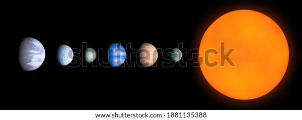 Planets from\
another star system near the sun. Extrasolar system with a star and\
exoplanets. Alien planetary\
system.