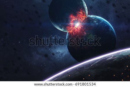 Planets explosion, science fiction image, dark deep space with giant planets, hot stars, starfields. Incredibly beautiful cosmic landscape . Elements of this image furnished by NASA