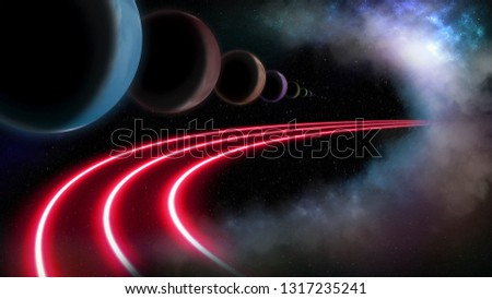 Planets and intergalactic highway. Outer space background with colorful galaxies and stars.