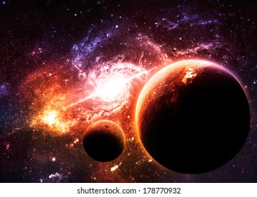 Planets Over Golden Galaxy - Elements Of This Image Furnished By NASA