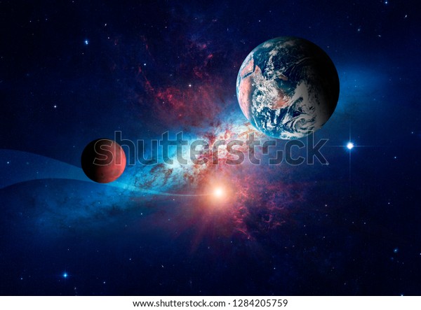 Planets Solar System Against Background Spiral Stock Photo