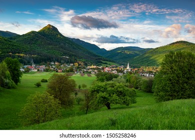 Muránska Planina National Park ( Národný Park ). Picturesque Valley With Village And Peaks In The Background. Sunset View