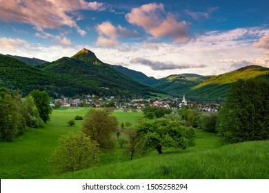 Muránska Planina National Park ( Národný Park ). Picturesque Valley With Village And Peaks In The Background. Sunset View