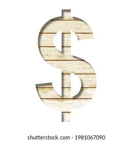 Plank Wall Font. Dollar Money Business Symbol Cut Out Of Paper On A Old Plank Wall With Faded Paint. Set Of Decorative Fonts On Wood.