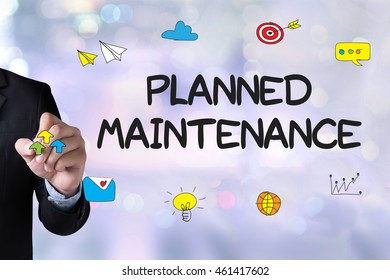 Planned Maintenance and Businessman drawing Landing Page on white background