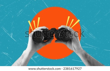 Planning and analytics, art collage. Hands holding binoculars on blue background with orange circle. Concept of analytics and business.