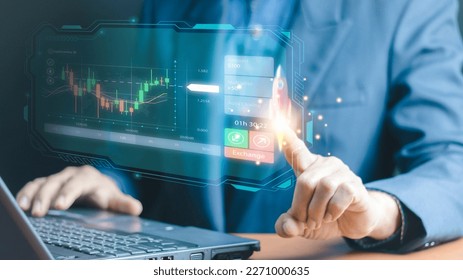 planning analyze indicator and strategy buy and sell, Stock market, Business growth, progress or success concept. Businessman or trader is pointing a growing virtual hologram stock, invest in trading 