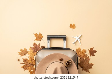 Planning an autumn getaway? Behold a top view image of a gray suitcase with autumn leaves around and a charming felt hat on a soothing beige background, perfect for your advertisement or text