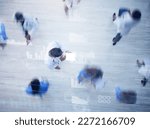 Planning, blur or overlay top view of doctors, nurse or medical healthcare schedule in clinic lobby. Busy, medicine or employee on tech in hospital with people walking, fast movement or motion above