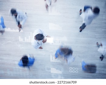 Planning, blur or overlay top view of doctors, nurse or medical healthcare schedule in clinic lobby. Busy, medicine or employee on tech in hospital with people walking, fast movement or motion above - Shutterstock ID 2272166709