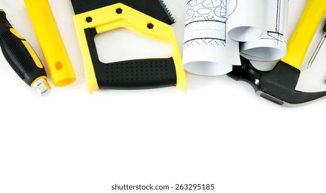 Planning of construction of the house. Drawings for building house and working tools.  - Shutterstock ID 263295185