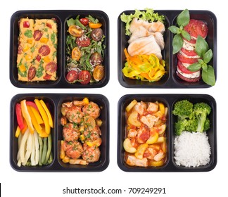 Planning A Diet. Healthy Take Away Meals In Containers Isolated On White Background, Top View