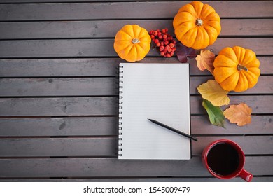 Planning to do list. Autumn mood composition on a wooden table with pumpkins, rowan and leaves. Open notepad and black coffee in the red cup and on grey wooden background, warming drink