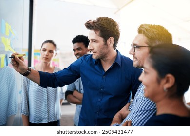 Planning, glass wall and team of business people in office for meeting with creative strategy for brand management. Ideas, research and public relations specialists by board for project at startup. - Powered by Shutterstock