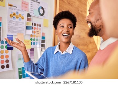 Planning, group brainstorming and business people for branding, research and strategy for a project. Happy, teaching and black woman doing a presentation of a plan, idea or design to employees - Powered by Shutterstock