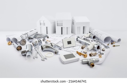 planning of house plumbing, components, equipment and plumber work tools on blueprint with model house, plumbing shop, technical assistance, supply and installation, heating and piping systems concept - Shutterstock ID 2164146741