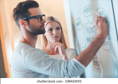 Planning is a key to success. Confident young man sketching on whiteboard while woman standing close to him and holding hand on chin 
