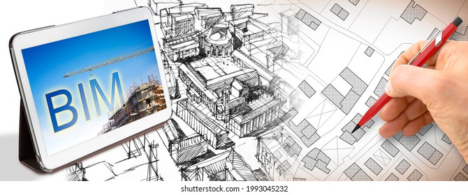 Planning a new city with BIM, Building Information Modeling system, a new way of architecture designing - concept with a new modern imaginary town and digital tablet