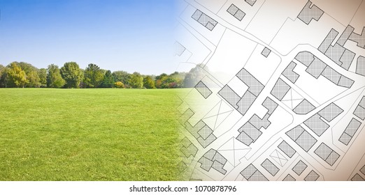 Planning A New City - Concept Image With Hand Drawing An Imaginary Cadastral Map Of Territory With Buildings, Fields And Roads Against A Green Area