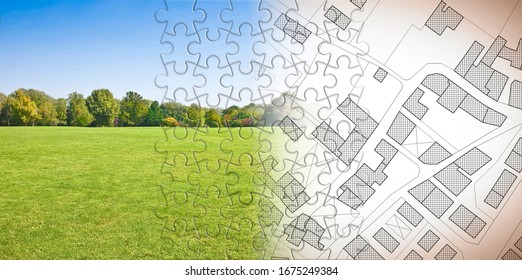 Planning a new city - concept image in jigsaw puzzle shape with an imaginary cadastral map of territory with buildings, fields and roads against a green area.