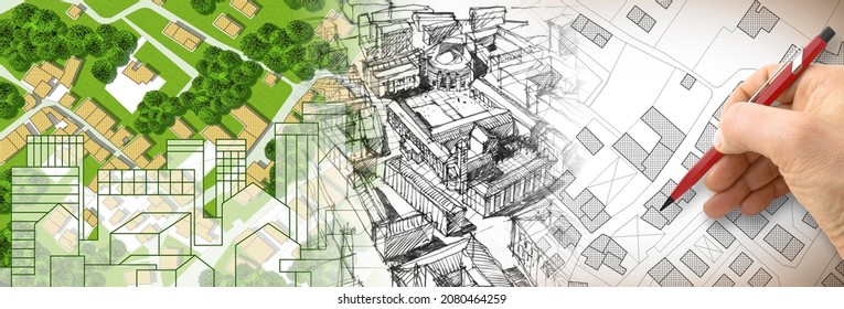 Planning a new city - Engineer-architect drawing with a pencil a sketch of a new modern imaginary town - concept image. - Shutterstock ID 2080464259