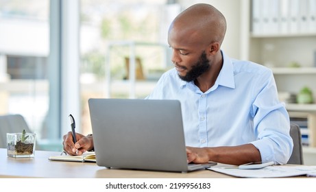 Planning Notebook, Laptop And Businessman Working Online Idea, Brainstorming Or Project Management At An Office Desk. Productive Corporate Black Man Writing Website Ecommerce Or Tech Finance Strategy