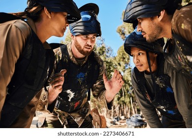 Planning, paintball team or hands in huddle for strategy, hope or soldier training on war battlefield. Mission, game or serious army people speaking for support, collaboration or military group - Powered by Shutterstock