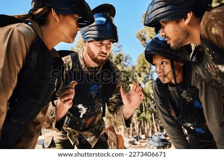 Planning, paintball team or hands in huddle for strategy, hope or soldier training on war battlefield. Mission, game or serious army people speaking for support, collaboration or military group