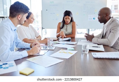 Planning, Project Management And Review With Business People In Meeting For Marketing Strategy, Documents Or Collaboration. Idea, Analytics And Teamwork With Employee Working On Data On Future Vision