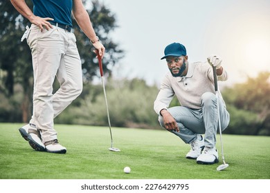 Planning, sports and golf with black man on field for training, competition match and thinking. Games, challenge and tournament with athlete playing on course for exercise, precision and confidence