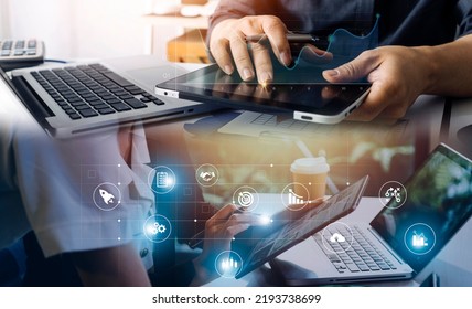 planning and strategy, Stock market, Business growth, progress or success concept. Businessman or trader is showing a growing virtual hologram stock, invest in trading. - Shutterstock ID 2193738699