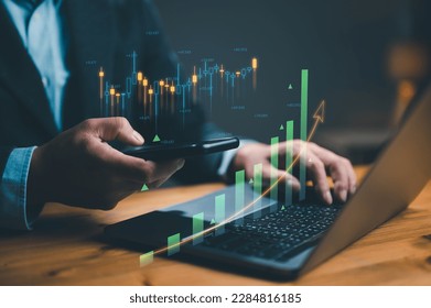 Planning and strategy, Stock market, Business growth, progress or success concept. Businessman or trader is showing a growing virtual hologram stock, invest in trading. Return on stocks mutual funds
