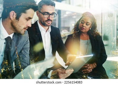 Planning, tablet and people with digital overlay for corporate strategy, collaboration and teamwork in finance. Stock market research, data analytics and business manager or employees in city office - Powered by Shutterstock