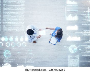 Planning, teamwork or overlay of doctors, nurse or medical healthcare digital data schedule in lobby top view. Futuristic, medicine or collaboration for on tech for research or analytics in hospital - Powered by Shutterstock