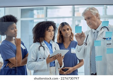 Planning, training and doctors or people on glass board for workflow strategy, hospital management and internship. Medical students or women, healthcare mentor and clinic job priority on sticky note - Powered by Shutterstock