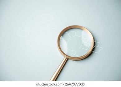 Planning workflow process concept. Flowchart solution implementation. Strategy diagram plan management. Planning business. A close-up of a magnifying glass.