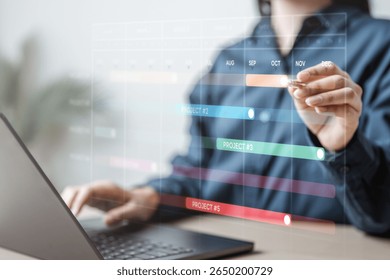 Planning workflow process concept. Flowchart solution implementation. Strategy diagram plan management. Planning business. A woman is using a laptop to draw a timeline on a screen.