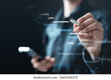 Planning workflow process concept. Flowchart solution implementation. Strategy diagram plan management. Planning business. flowchart schedule process timeline milestones smartphone.