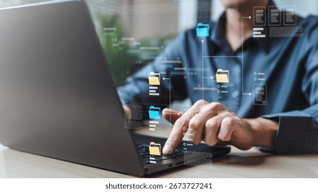 Planning workflow process concept. Flowchart solution implementation. Strategy diagram plan management. Planning business. laptop touching typing business flow backbone diagram structure.