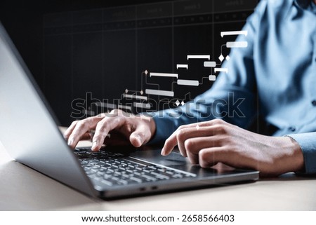 Planning workflow process concept. Flowchart solution implementation. Strategy diagram plan management. Planning business. A person is using a laptop, and the screen shows a graph of a project's.