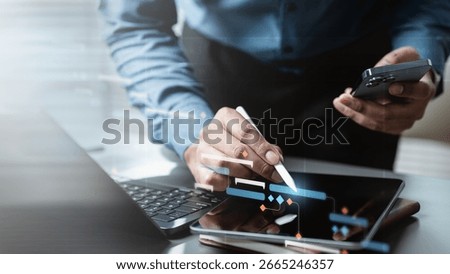 Planning workflow process concept. Flowchart solution implementation. Strategy diagram plan management. Planning business. flowchart schedule process timeline milestones smartphone.